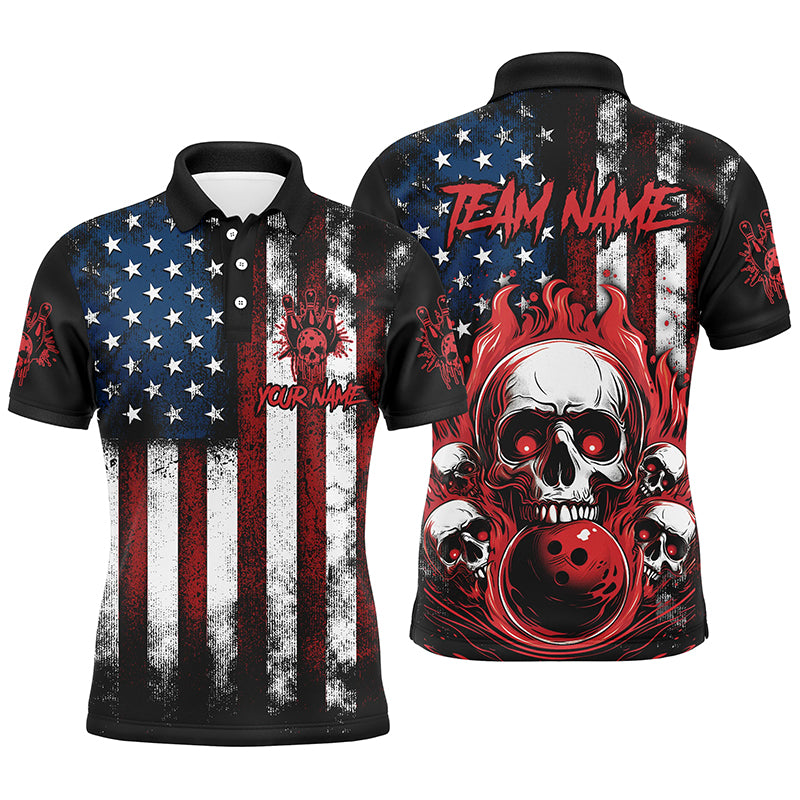 American Flag Flame Skull Custom Bowling Team Shirts, Patriotic Bowling Jerseys IPHW5856