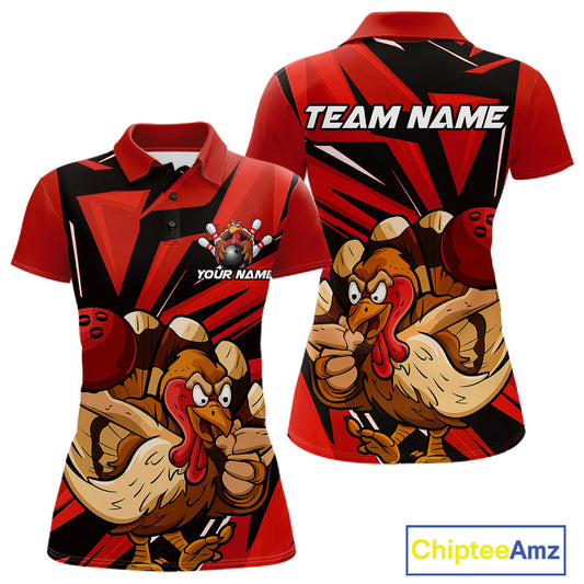 Custom Funny Turkey Bowling Shirts For Women, Red Thanksgiving Bowling Shirt Team Uniform IPHW10675
