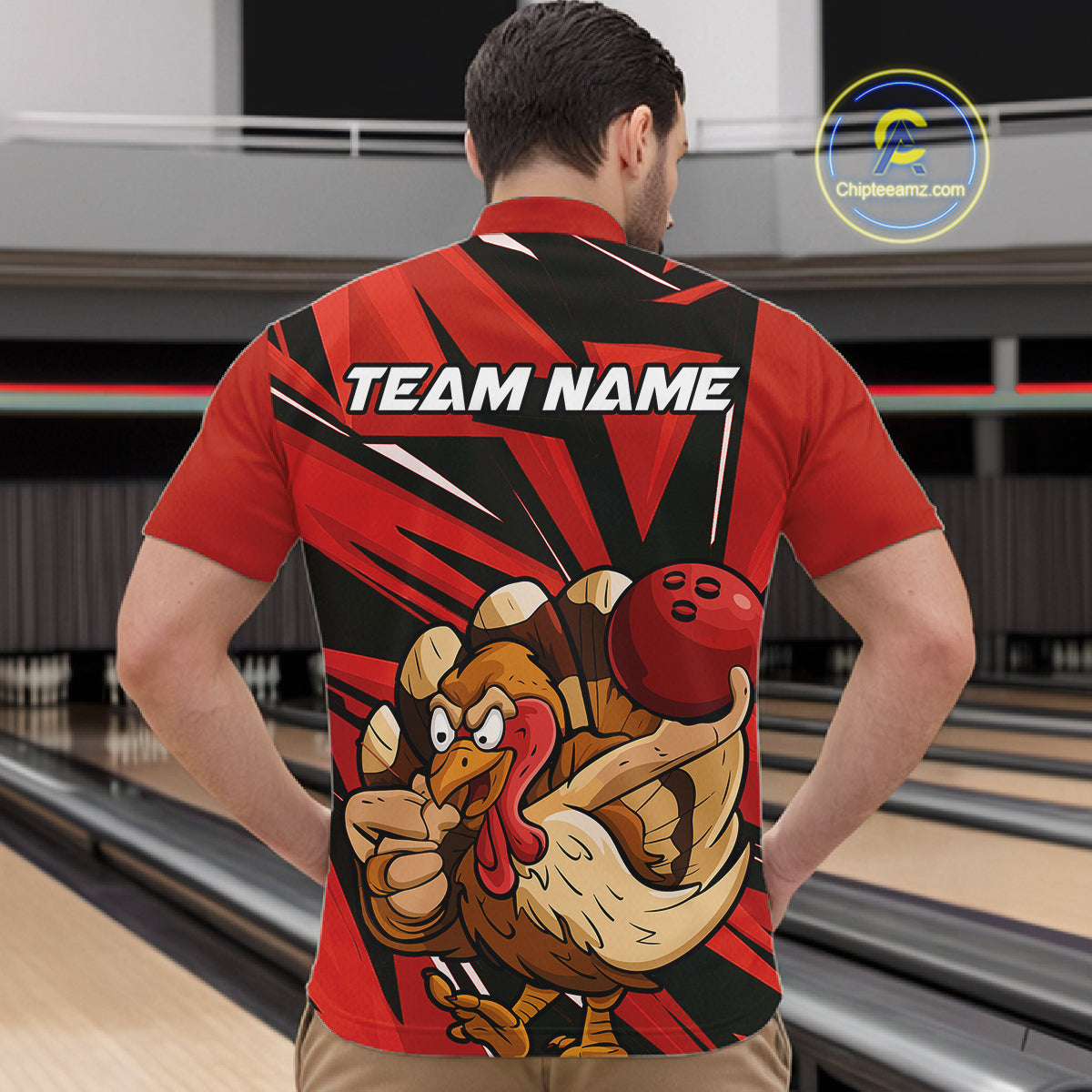 Custom Funny Turkey Bowling Shirts For Men, Red Thanksgiving Bowling Shirt Team Uniform IPHW10675