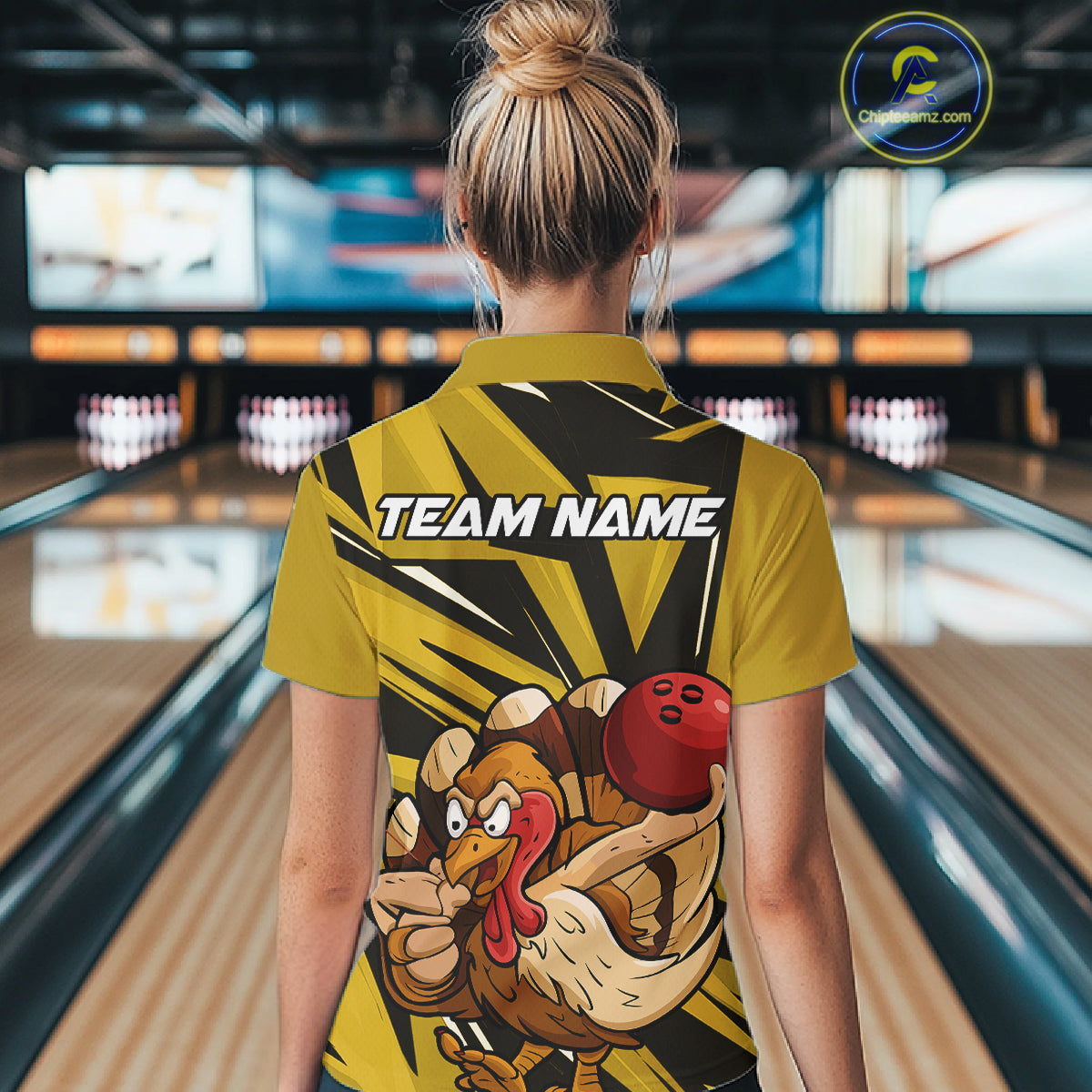 Custom Funny Turkey Bowling Shirts For Women, Yellow Thanksgiving Bowling Shirt Team Uniform IPHW10676