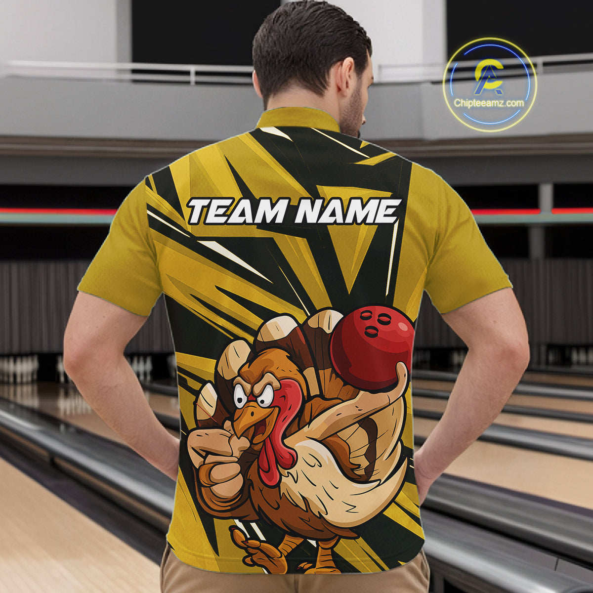 Custom Funny Turkey Bowling Shirts For Men, Yellow Thanksgiving Bowling Shirt Team Uniform IPHW10676