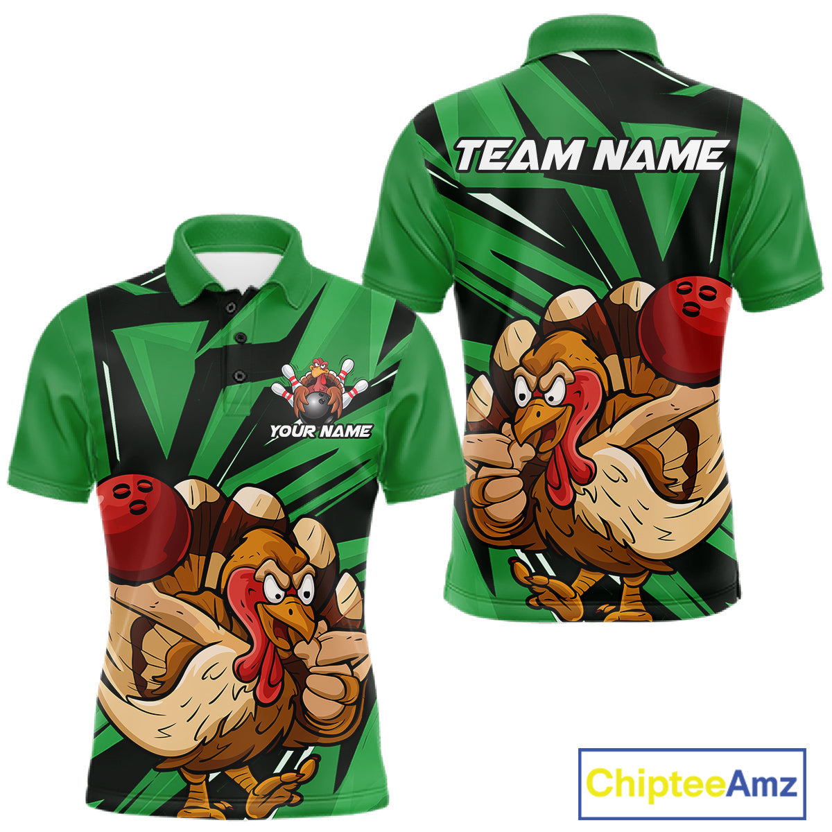 Custom Funny Turkey Bowling Shirts For Men, Green Thanksgiving Bowling Shirt Team Uniform IPHW10677