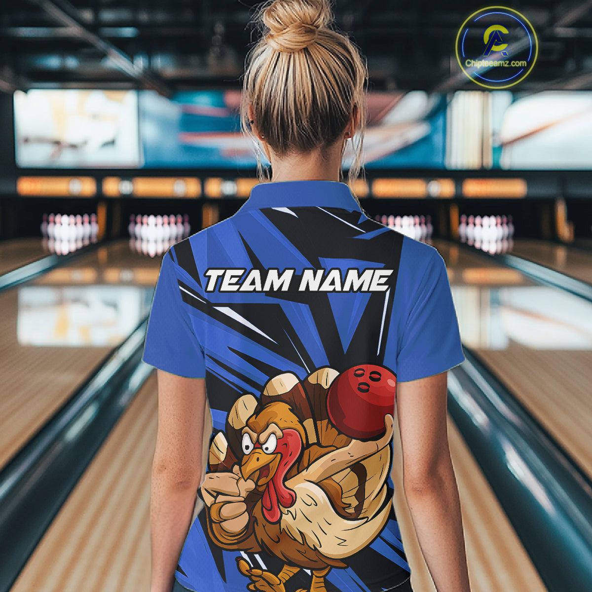 Custom Funny Turkey Bowling Shirts For Women, Blue Thanksgiving Bowling Shirt Team Uniform IPHW10678