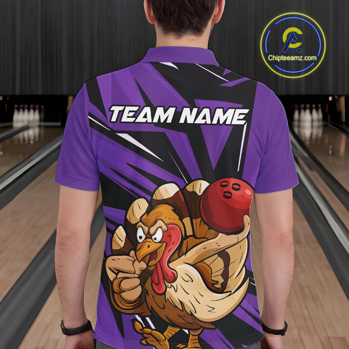 Custom Funny Turkey Bowling Shirts For Men, Purple Thanksgiving Bowling Shirt Team Uniform IPHW10679