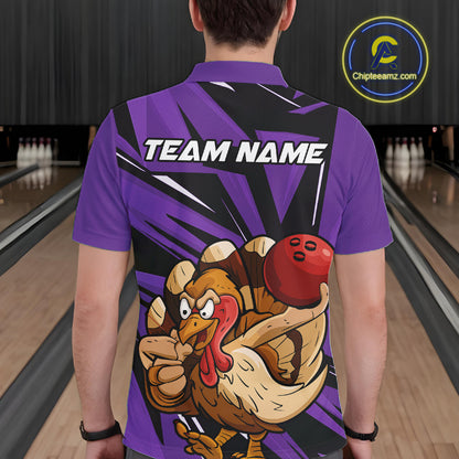 Custom Funny Turkey Bowling Shirts For Men, Purple Thanksgiving Bowling Shirt Team Uniform IPHW10679