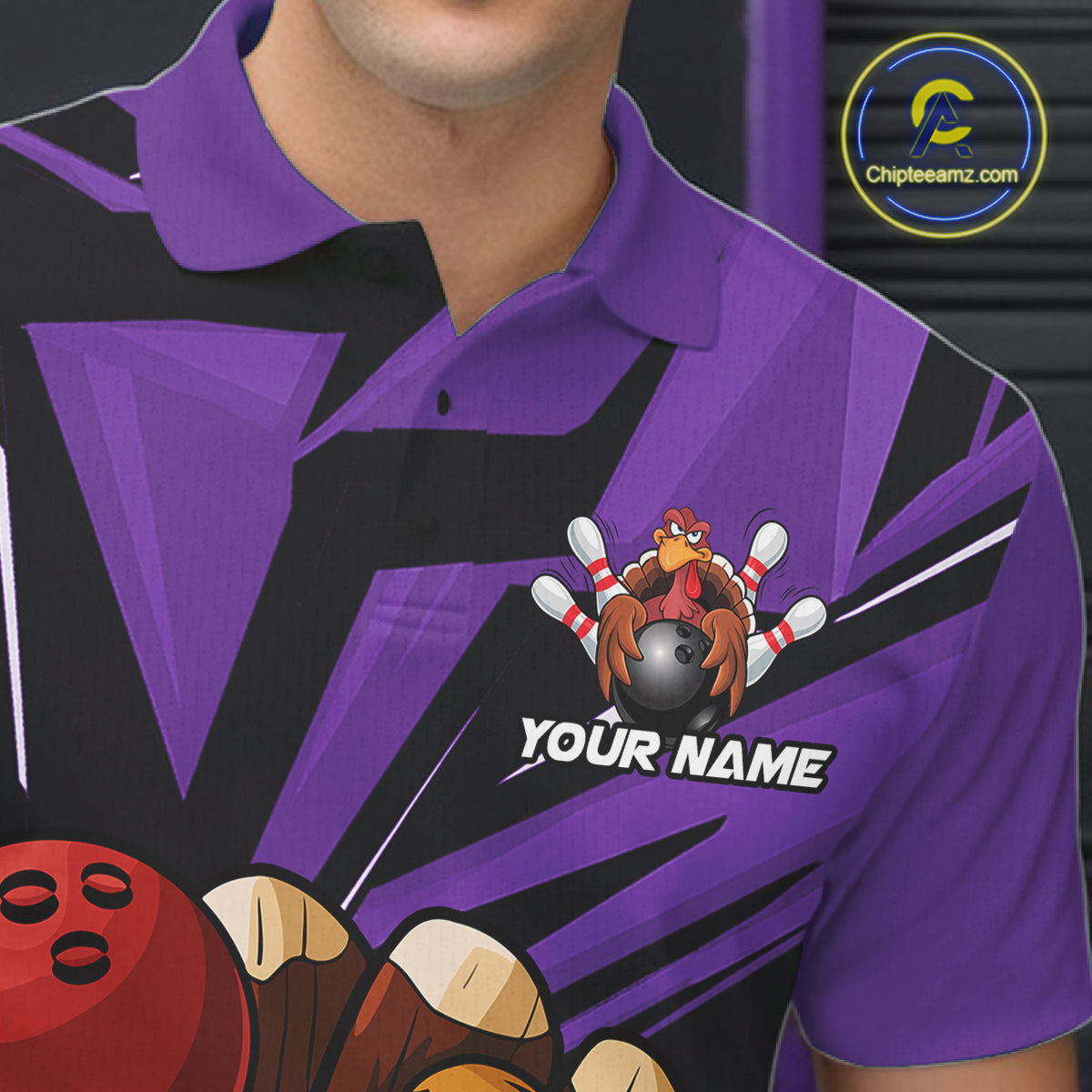 Custom Funny Turkey Bowling Shirts For Men, Purple Thanksgiving Bowling Shirt Team Uniform IPHW10679