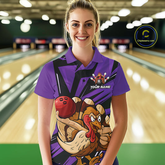 Custom Funny Turkey Bowling Shirts For Women, Purple Thanksgiving Bowling Shirt Team Uniform IPHW10679