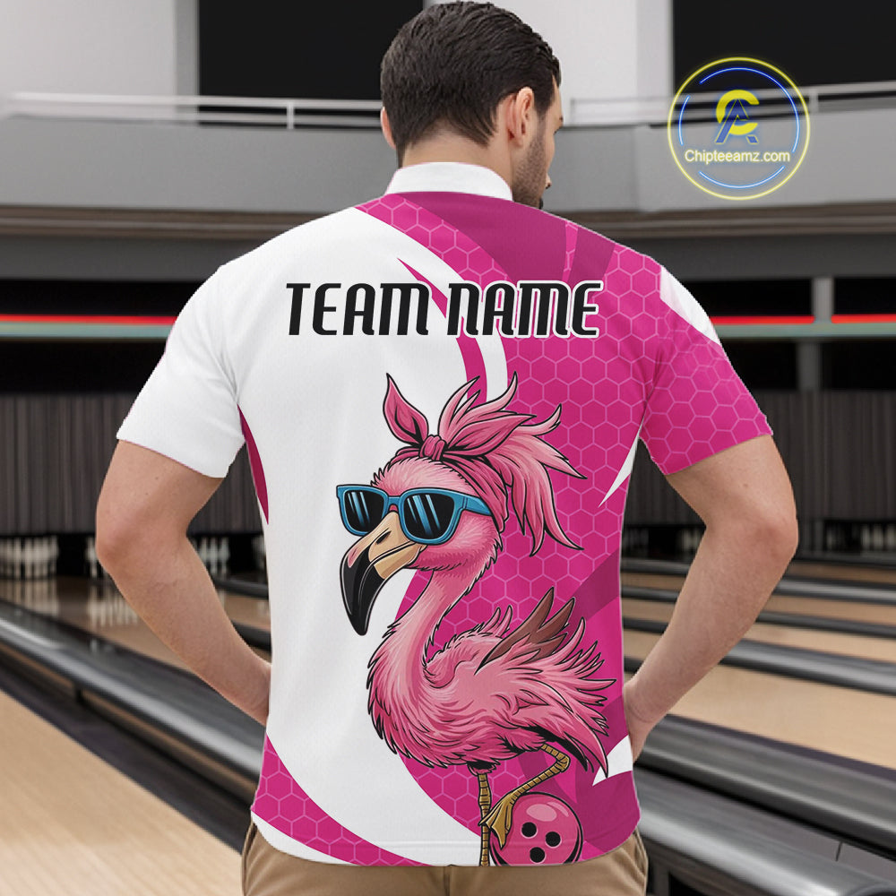Custom Funny Hot Pink Flamingo Bowling Men Quarter-Zip Shirt, Bowling League Bowlers Outfit IPHW10680