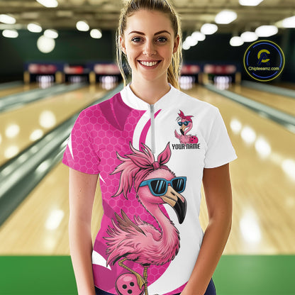 Custom Funny Hot Pink Flamingo Bowling Women Quarter-Zip Shirt, Bowling League Outfit IPHW10680
