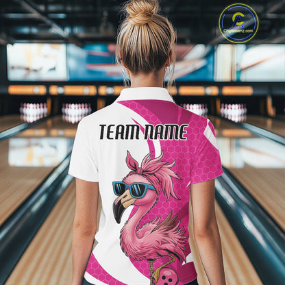 Custom Funny Hot Pink Flamingo Bowling Women Quarter-Zip Shirt, Bowling League Outfit IPHW10680