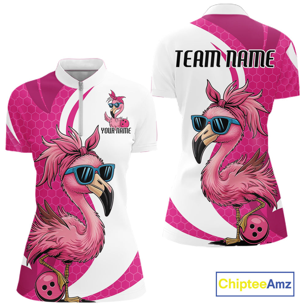 Custom Funny Hot Pink Flamingo Bowling Women Quarter-Zip Shirt, Bowling League Outfit IPHW10680