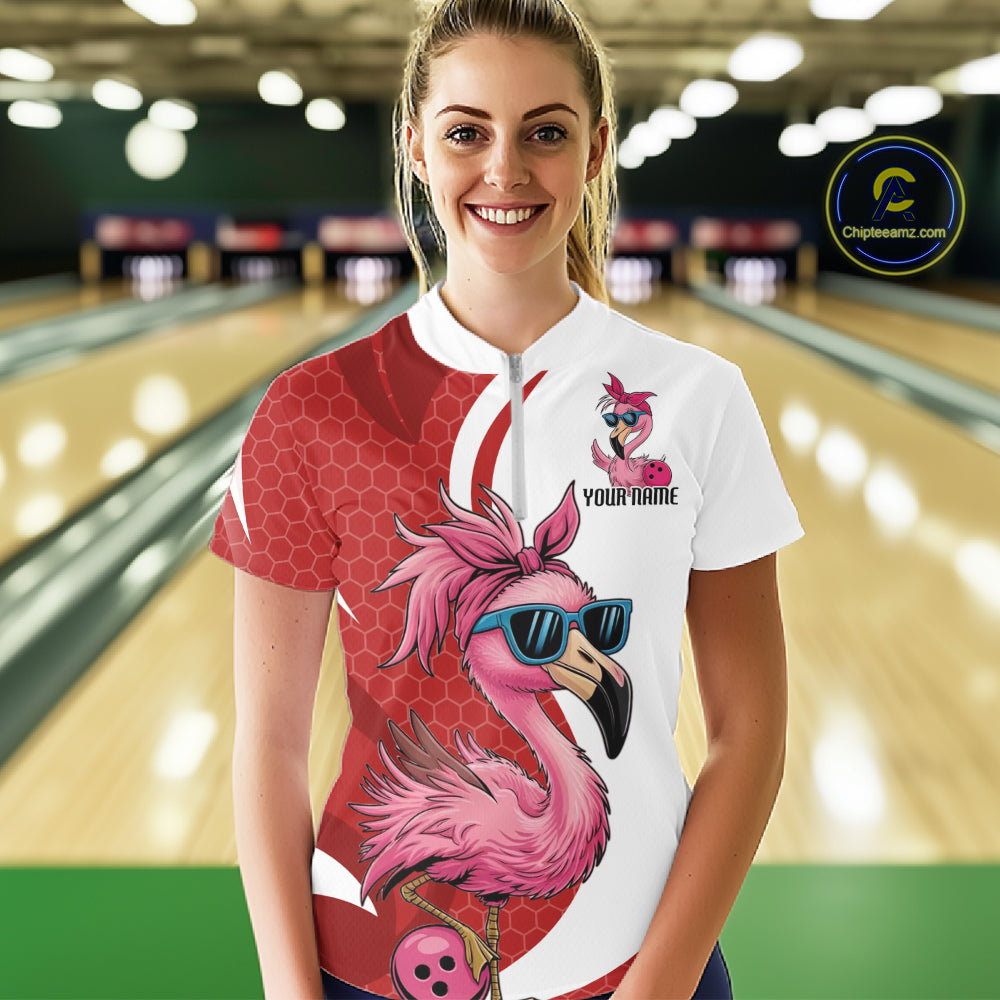 Custom Funny Red Flamingo Bowling Women Quarter-Zip Shirt, Bowling League Outfit IPHW10681