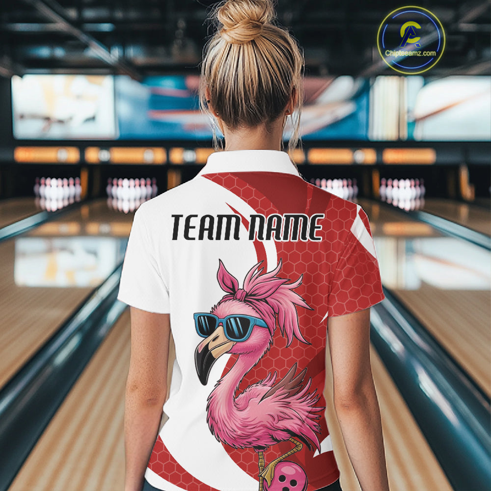 Custom Funny Red Flamingo Bowling Women Quarter-Zip Shirt, Bowling League Outfit IPHW10681