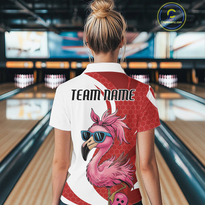 Custom Funny Red Flamingo Bowling Women Quarter-Zip Shirt, Bowling League Outfit IPHW10681