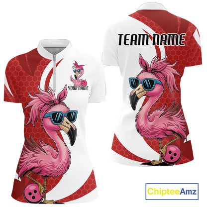 Custom Funny Red Flamingo Bowling Women Quarter-Zip Shirt, Bowling League Outfit IPHW10681