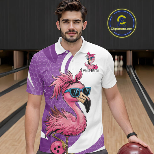 Custom Funny Purple Flamingo Bowling Men Polo Shirt, Bowling League Bowlers Outfit IPHW10682
