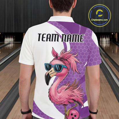Custom Funny Purple Flamingo Bowling Men Polo Shirt, Bowling League Bowlers Outfit IPHW10682