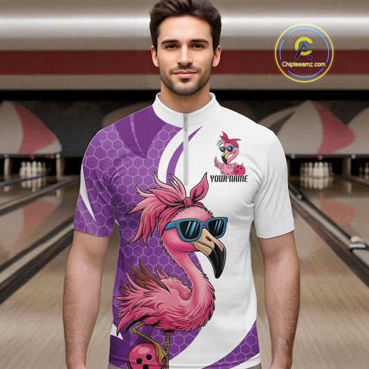 Custom Funny Purple Flamingo Bowling Men Quarter-Zip Shirt, Bowling League Bowlers Outfit IPHW10682