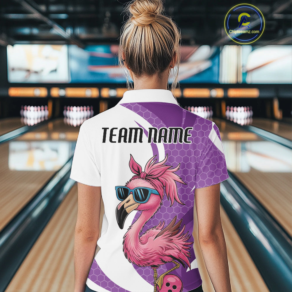Custom Funny Purple Flamingo Bowling Women Quarter-Zip Shirt, Bowling League Outfit IPHW10682