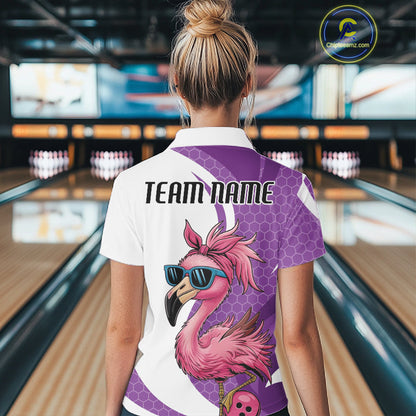 Custom Funny Purple Flamingo Bowling Women Quarter-Zip Shirt, Bowling League Outfit IPHW10682