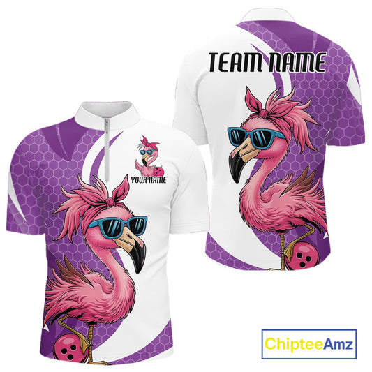 Custom Funny Purple Flamingo Bowling Men Quarter-Zip Shirt, Bowling League Bowlers Outfit IPHW10682