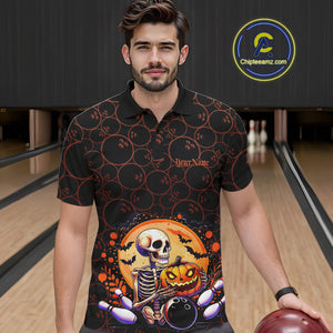 Custom Funny Skeleton Bowling Polo Shirts For Men, Halloween Bowling Team Outfit IPHW9604