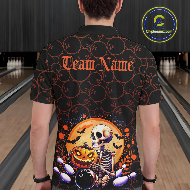 Custom Funny Skeleton Bowling Polo Shirts For Men, Halloween Bowling Team Outfit IPHW9604