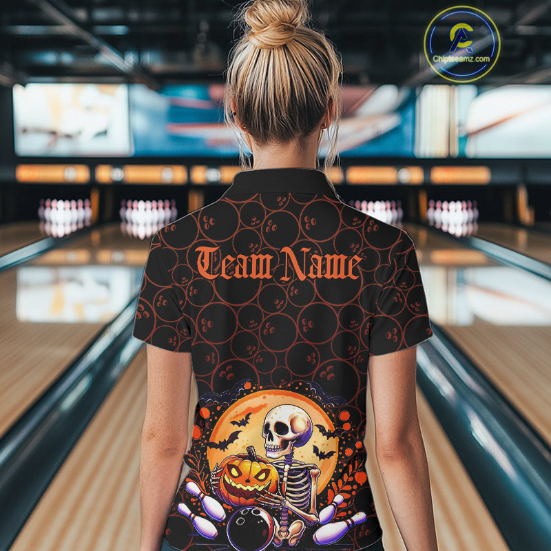 Custom Funny Skeleton Bowling Polo Shirts For Women, Halloween Bowling Team Outfit IPHW9604