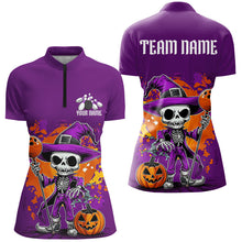 Load image into Gallery viewer, Custom Purple Funny Halloween Skeleton Bowling Shirts For Women, Bowling Team Outfits IPHW7650