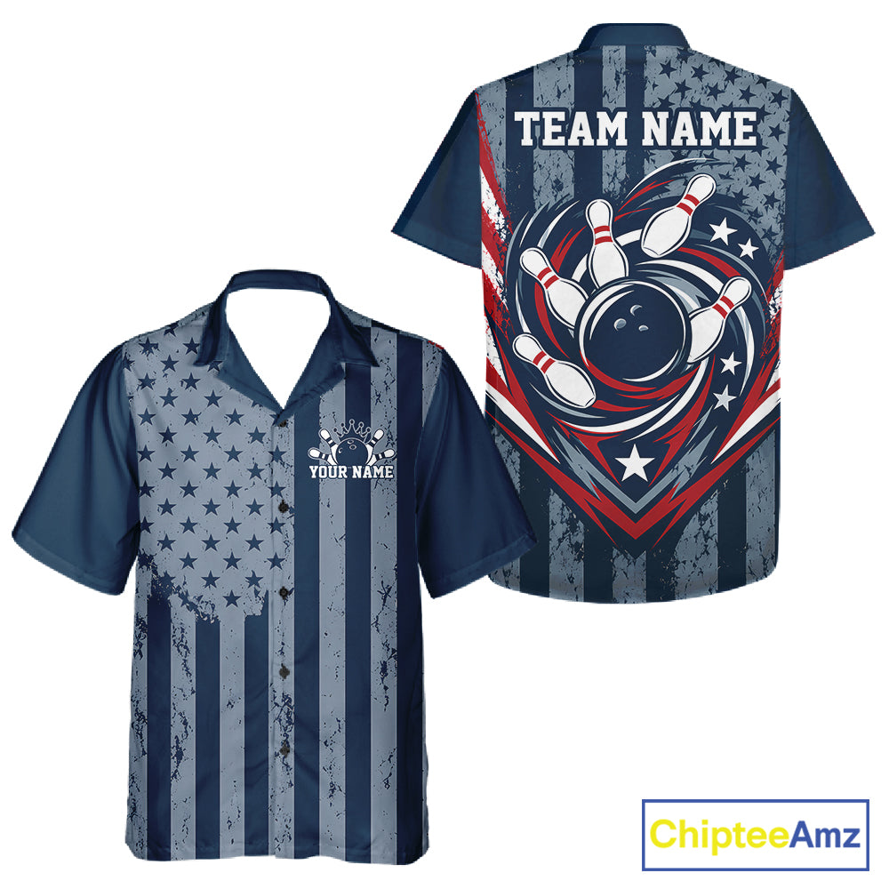 Grunge American Flag Custom Vintage Patriotic Bowling Men And Women Button Up Shirt, Bowling Jersey IPHW12405