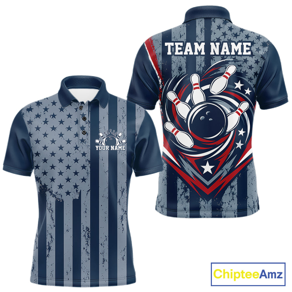 Grunge American Flag Custom Vintage Patriotic Bowling Men Polo Shirt, Bowling Jersey IPHW12405