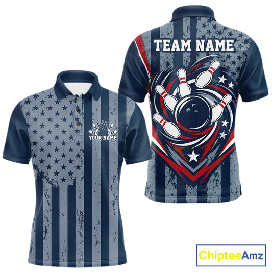 Grunge American Flag Custom Vintage Patriotic Bowling Men Polo Shirt, Bowling Jersey IPHW12405