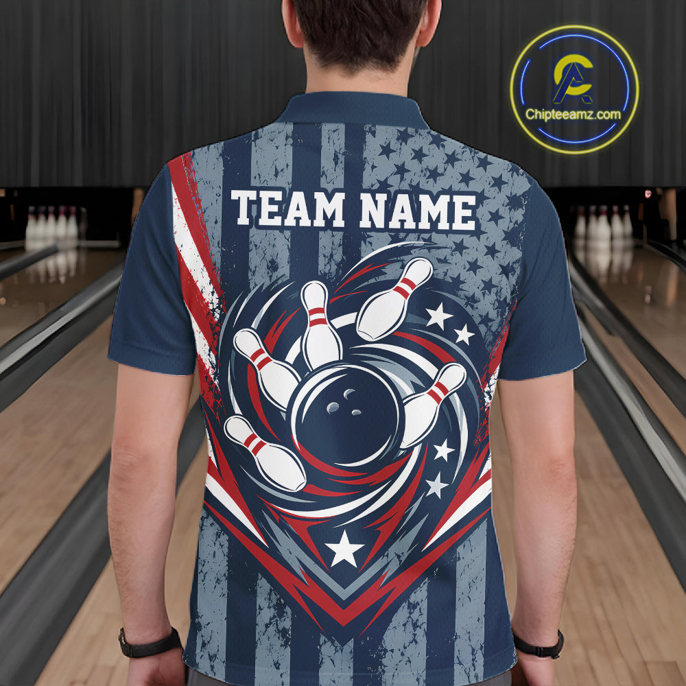 Grunge American Flag Custom Vintage Patriotic Bowling Men Polo Shirt, Bowling Jersey IPHW12405