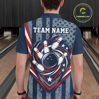 Grunge American Flag Custom Vintage Patriotic Bowling Men Polo Shirt, Bowling Jersey IPHW12405