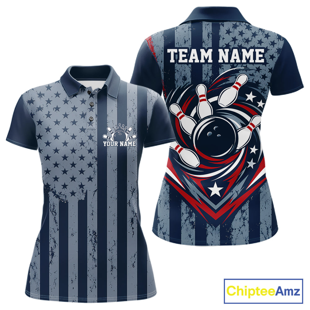 Grunge American Flag Custom Vintage Patriotic Bowling Women Polo Shirt, Bowling Jersey IPHW12405