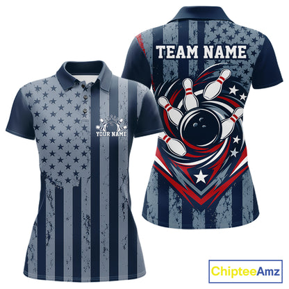Grunge American Flag Custom Vintage Patriotic Bowling Women Polo Shirt, Bowling Jersey IPHW12405