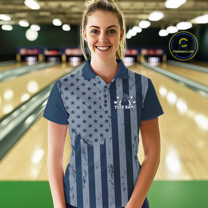 Grunge American Flag Custom Vintage Patriotic Bowling Women Polo Shirt, Bowling Jersey IPHW12405