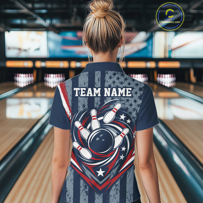 Grunge American Flag Custom Vintage Patriotic Bowling Women Polo Shirt, Bowling Jersey IPHW12405