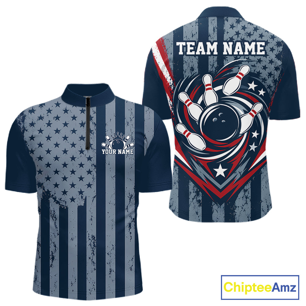 Grunge American Flag Custom Vintage Patriotic Bowling Men Quarter Zip Shirt, Bowling Jersey IPHW12405
