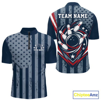 Grunge American Flag Custom Vintage Patriotic Bowling Men Quarter Zip Shirt, Bowling Jersey IPHW12405