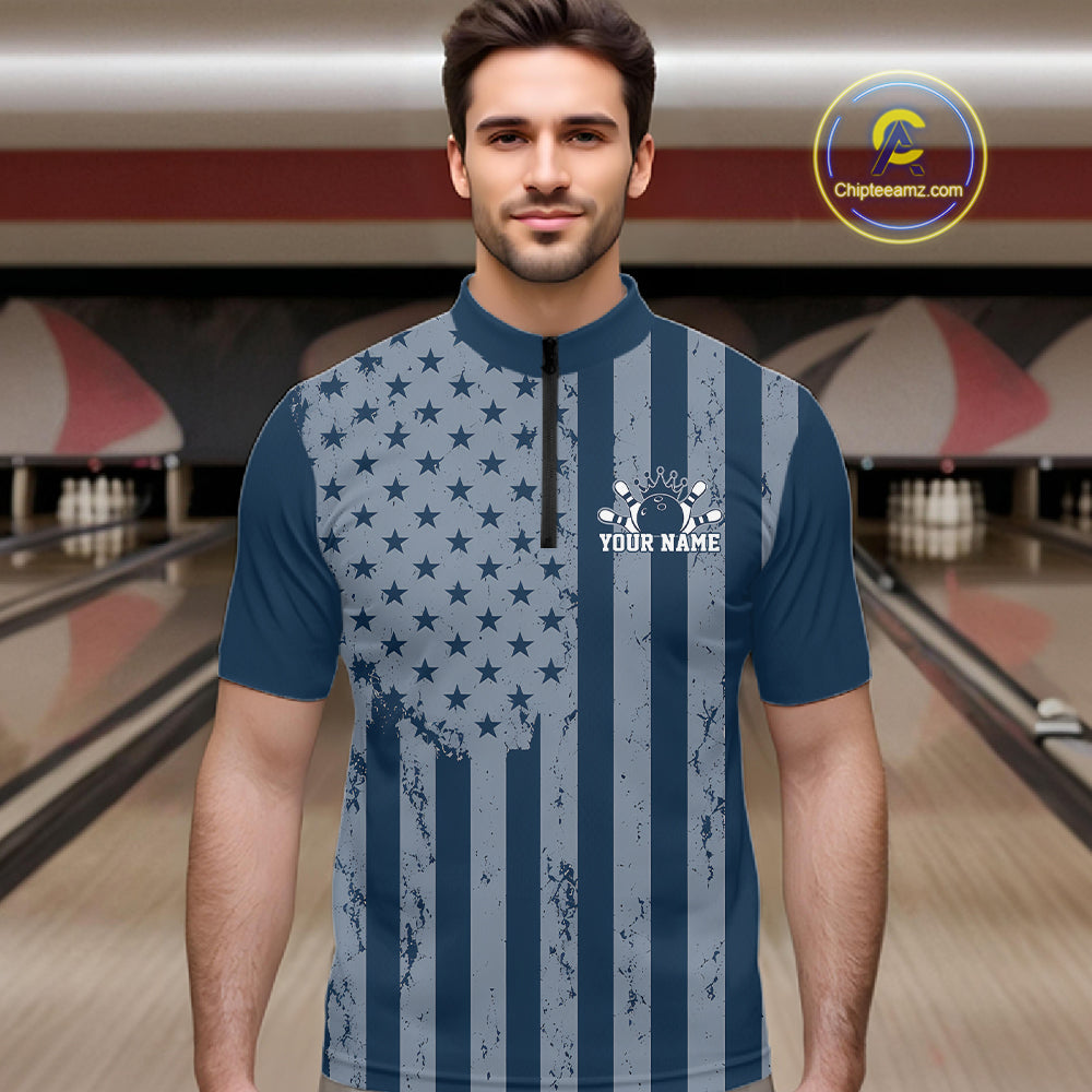 Grunge American Flag Custom Vintage Patriotic Bowling Men Quarter Zip Shirt, Bowling Jersey IPHW12405
