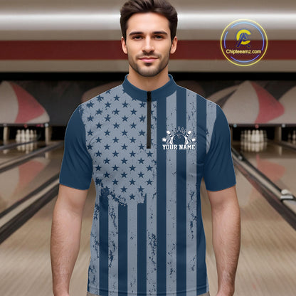 Grunge American Flag Custom Vintage Patriotic Bowling Men Quarter Zip Shirt, Bowling Jersey IPHW12405