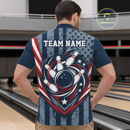 Grunge American Flag Custom Vintage Patriotic Bowling Men Quarter Zip Shirt, Bowling Jersey IPHW12405