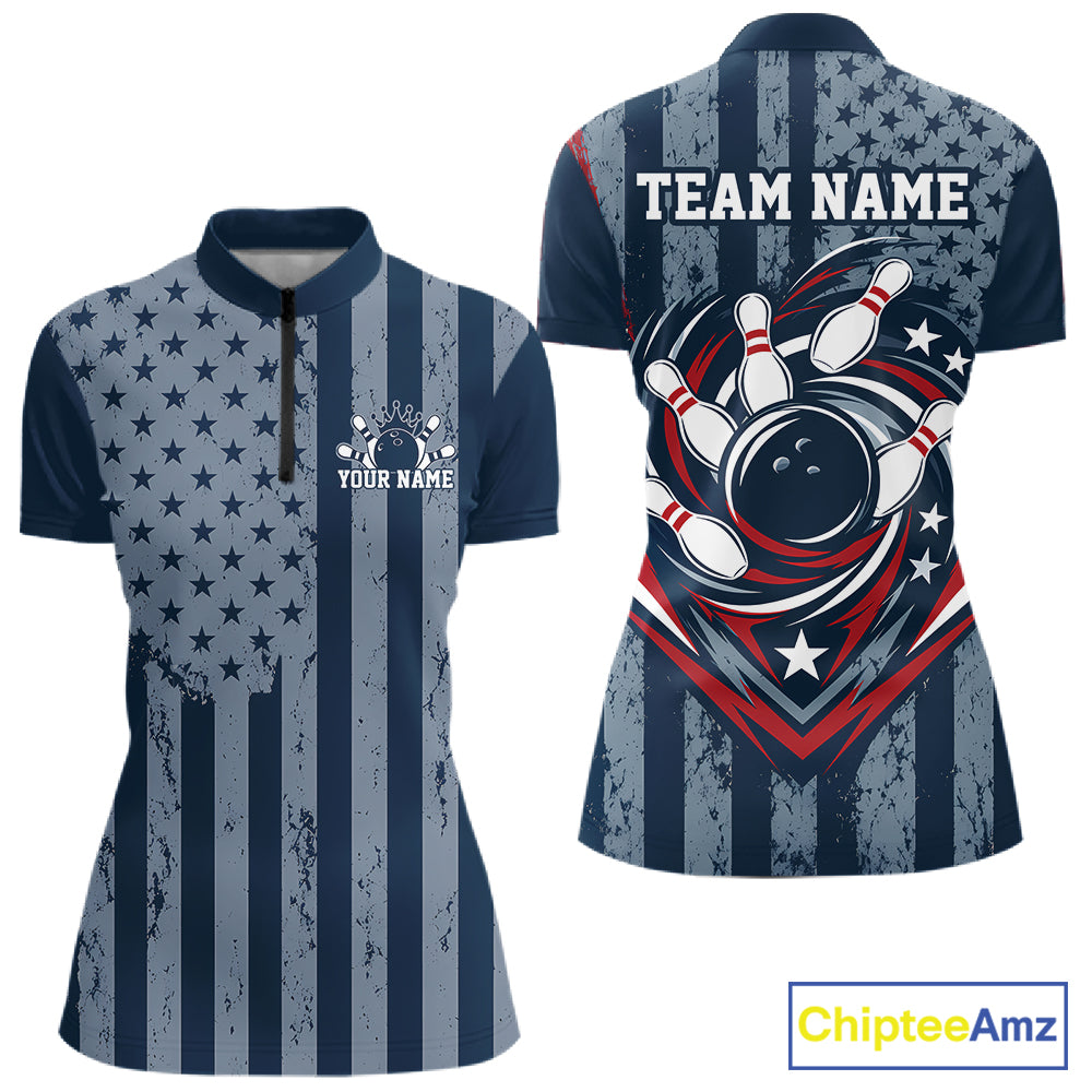 Grunge American Flag Custom Vintage Patriotic Bowling Women Quarter-Zip Shirt IPHW12405