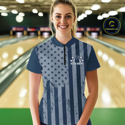 Grunge American Flag Custom Vintage Patriotic Bowling Women Quarter-Zip Shirt IPHW12405