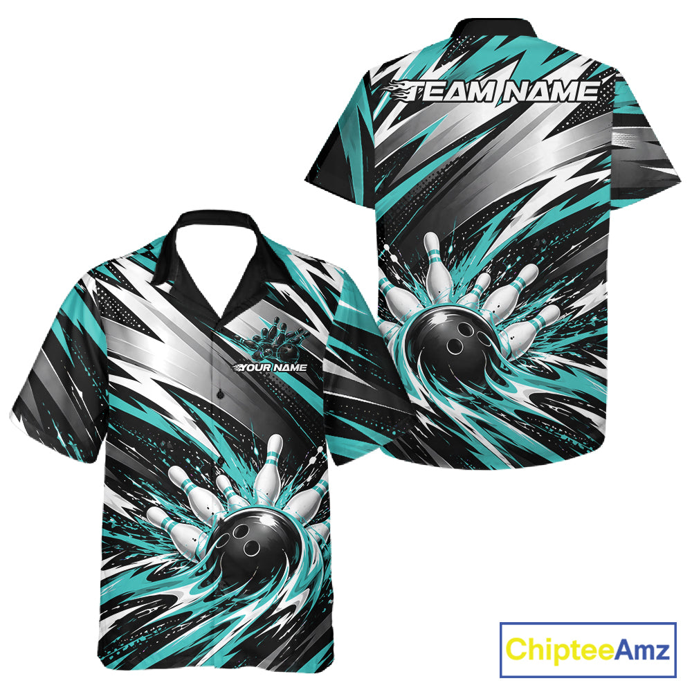 Custom Black And Teal Flame Bowling Jersey, Bowling Button Up Team Shirt For Men And Women IPHW12412