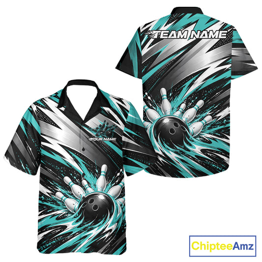 Custom Black And Teal Flame Bowling Jersey, Bowling Button Up Team Shirt For Men And Women IPHW12412