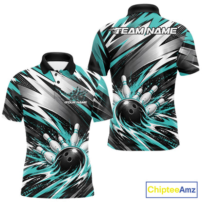 Custom Black And Teal Flame Bowling Jersey, Bowling Polo Team Shirt For Men IPHW12412