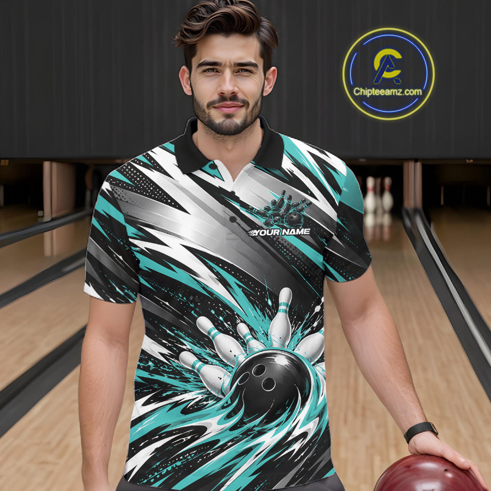 Custom Black And Teal Flame Bowling Jersey, Bowling Polo Team Shirt For Men IPHW12412