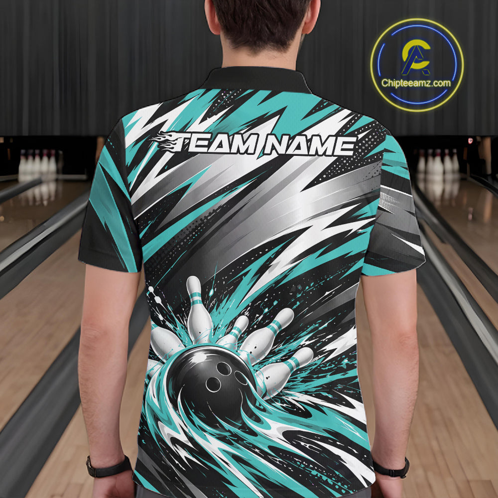 Custom Black And Teal Flame Bowling Jersey, Bowling Polo Team Shirt For Men IPHW12412